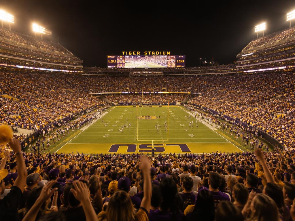 LSU Tiger Stadium packed with fans at night